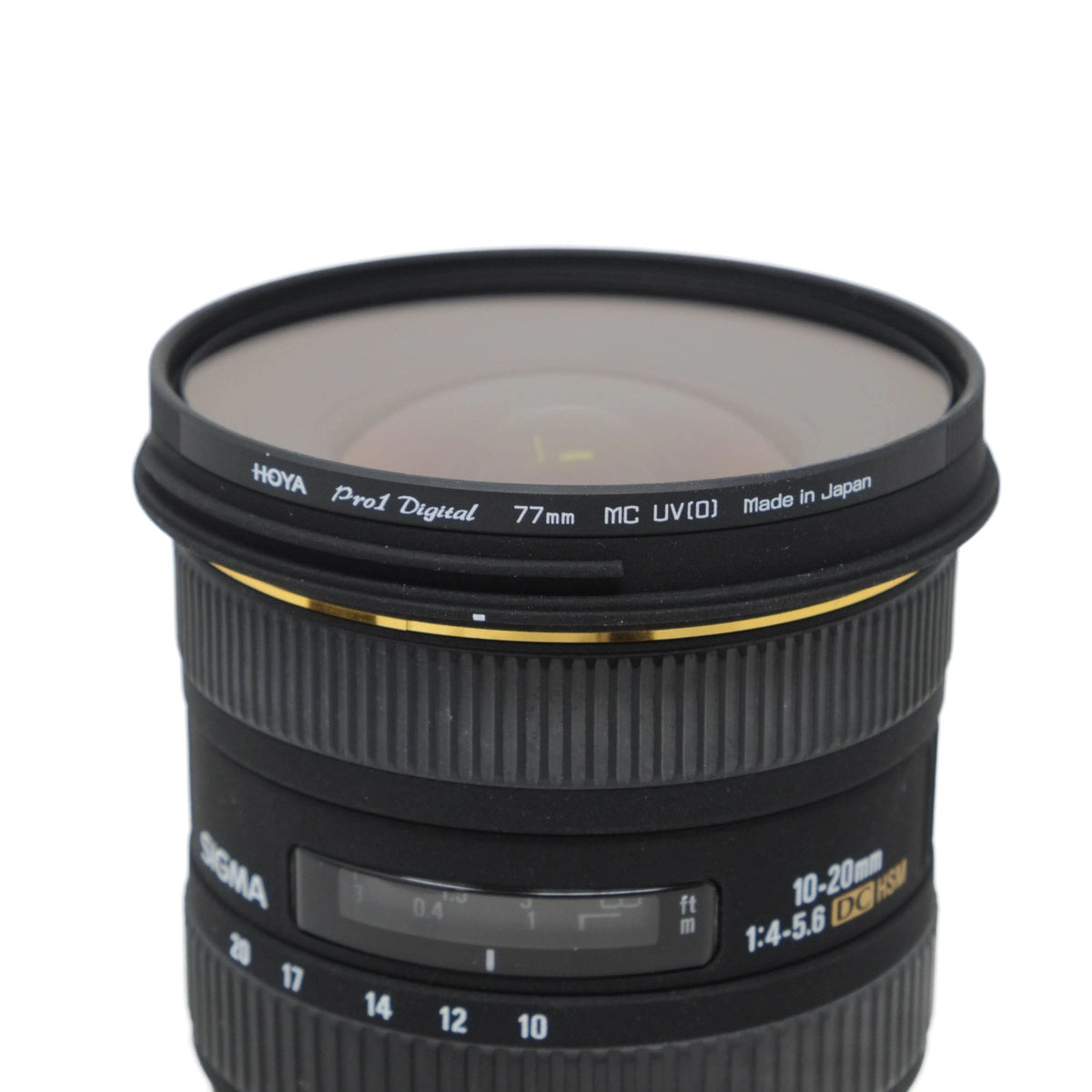 Camera lens with brand names on a white background