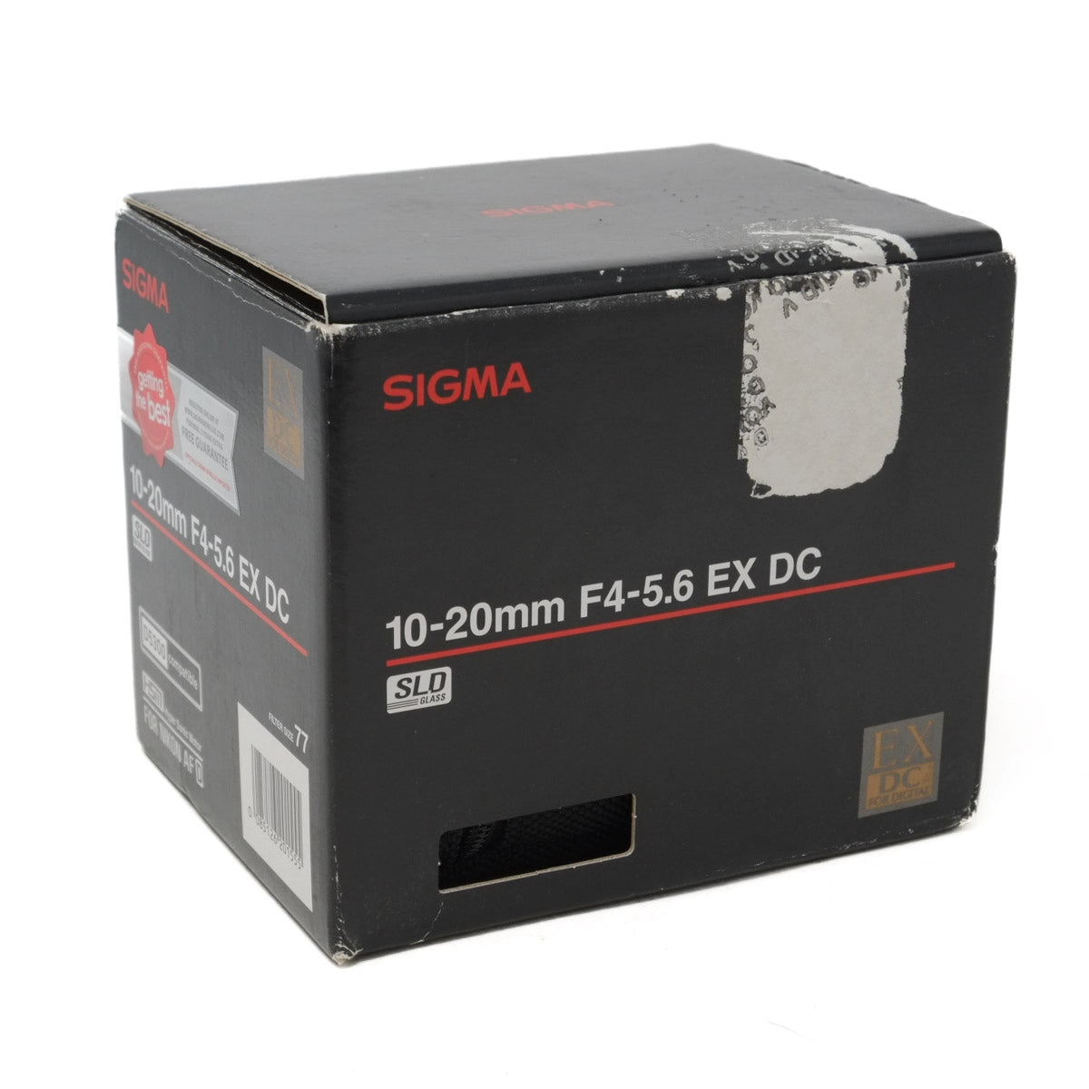 Sigma camera lens packaging box on a white background