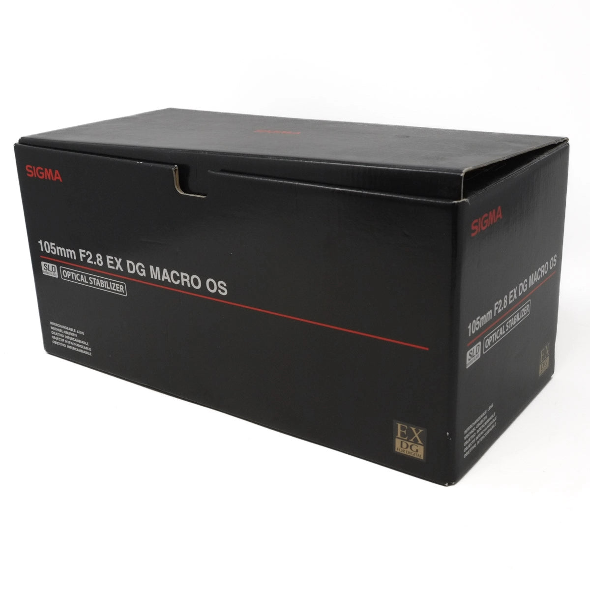 Black box packaging for Sigma 105mm F2.8 EX DG MACRO OS lens on a white background