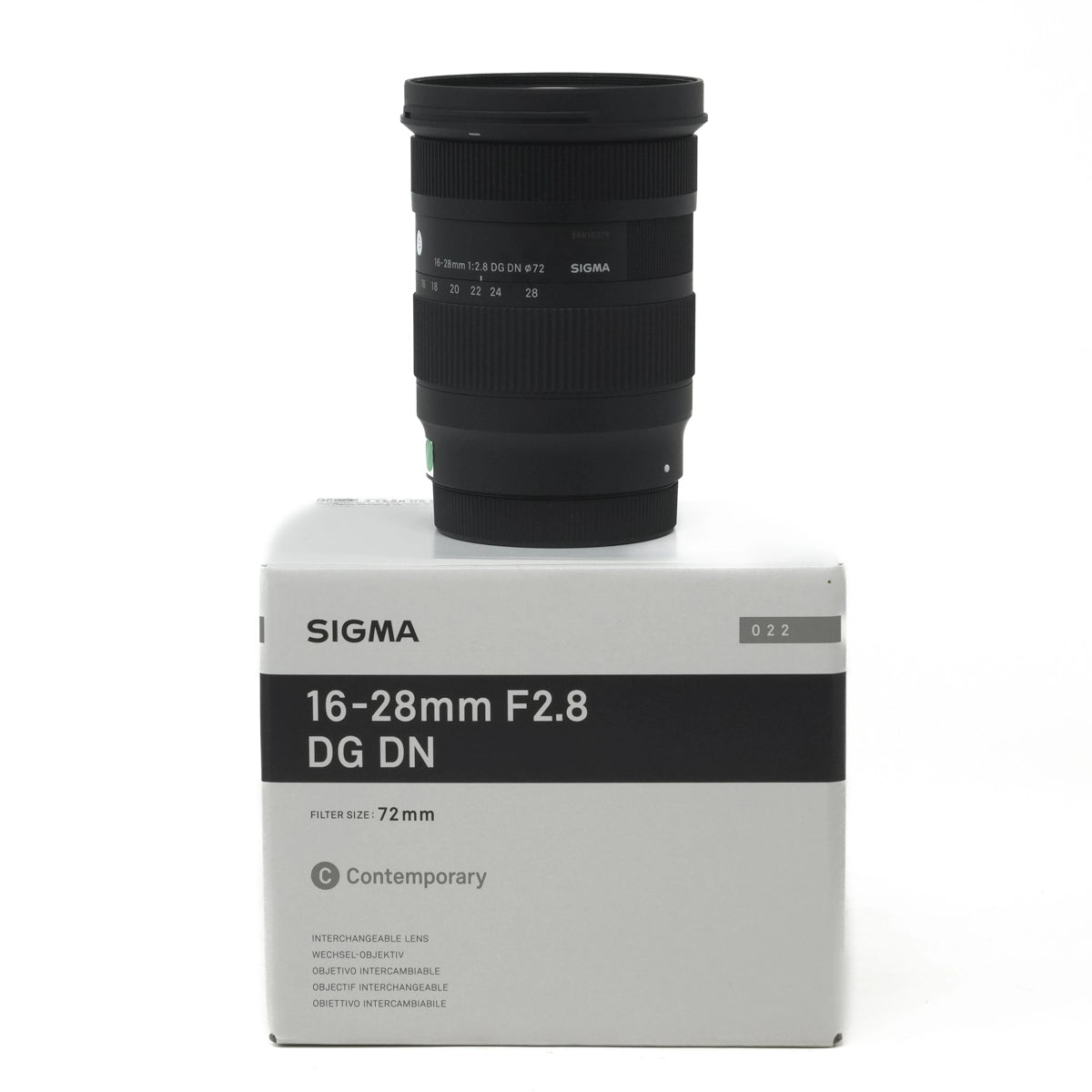 Used Sigma 16-28mm F2.8 DG DN C Lens for L Mount - Front angle with original box 