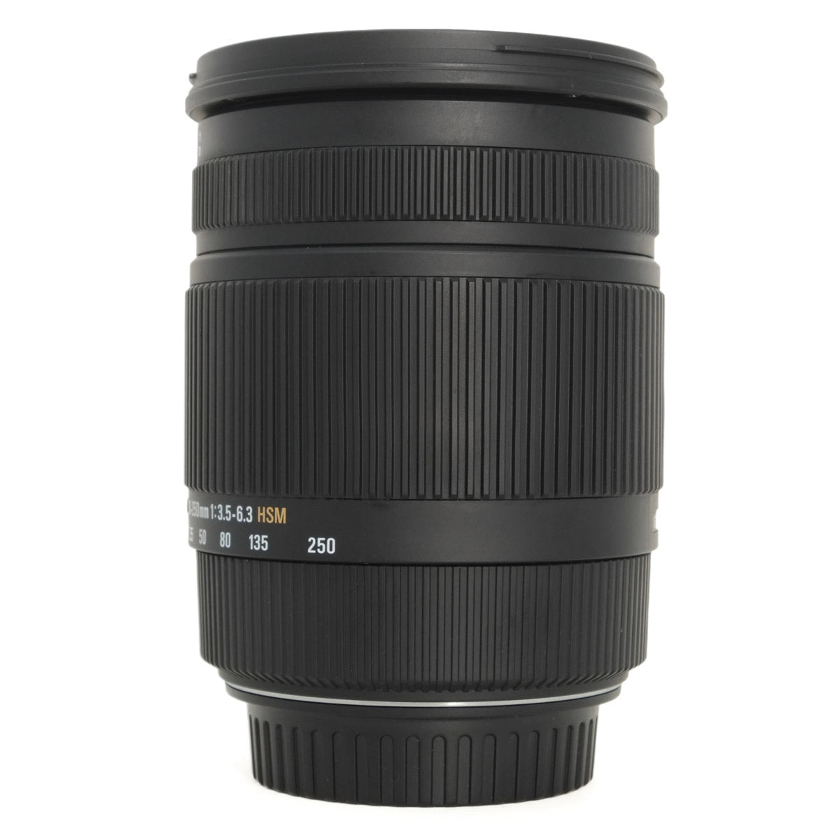 Black camera lens on a white background