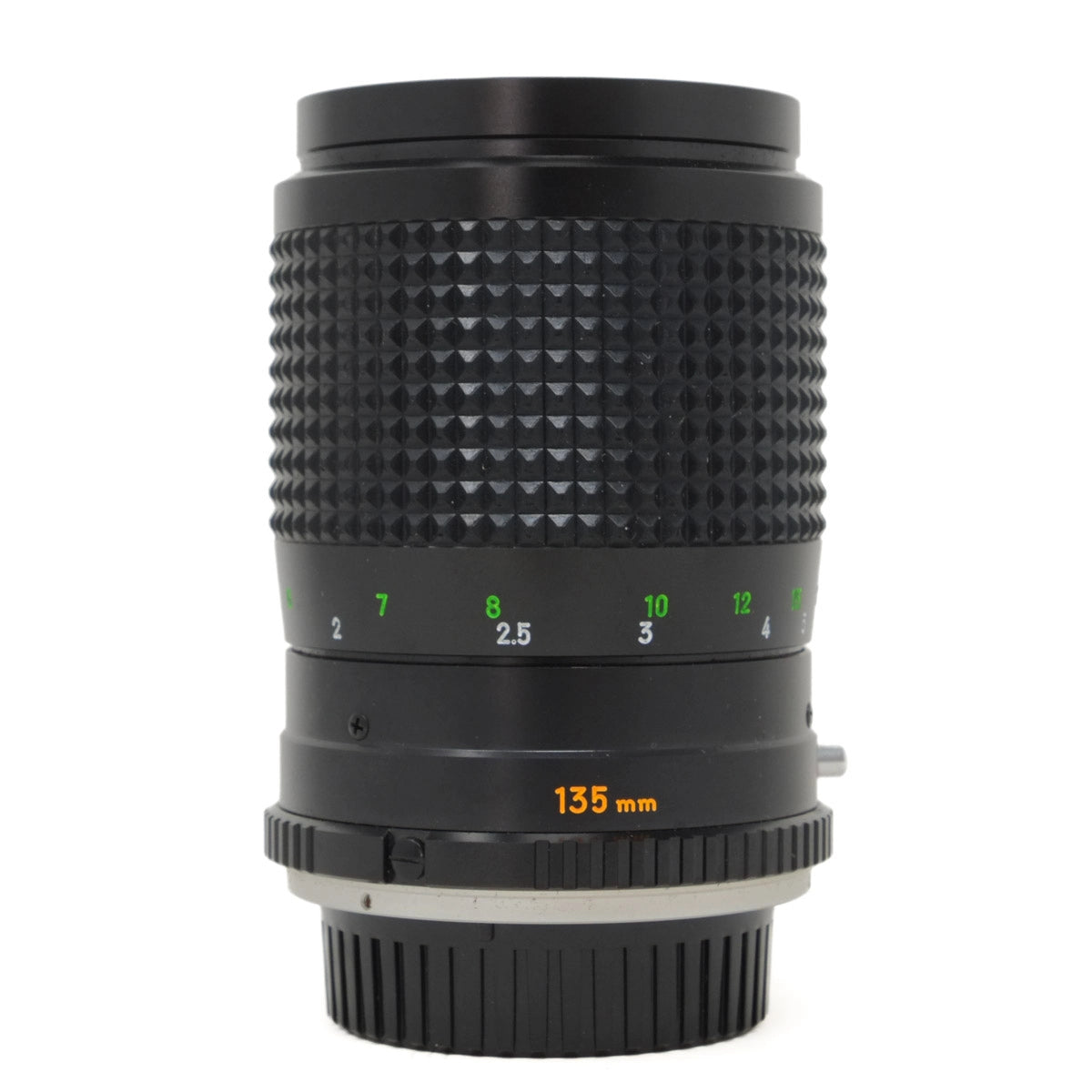 Camera lens with focus scale on a white background