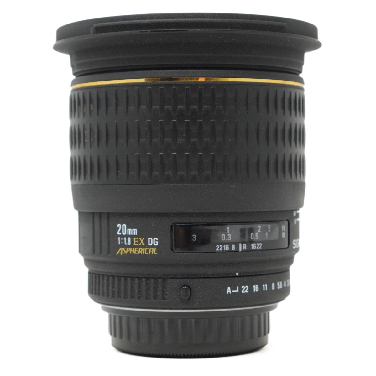 Camera lens with text and numbers on a white background