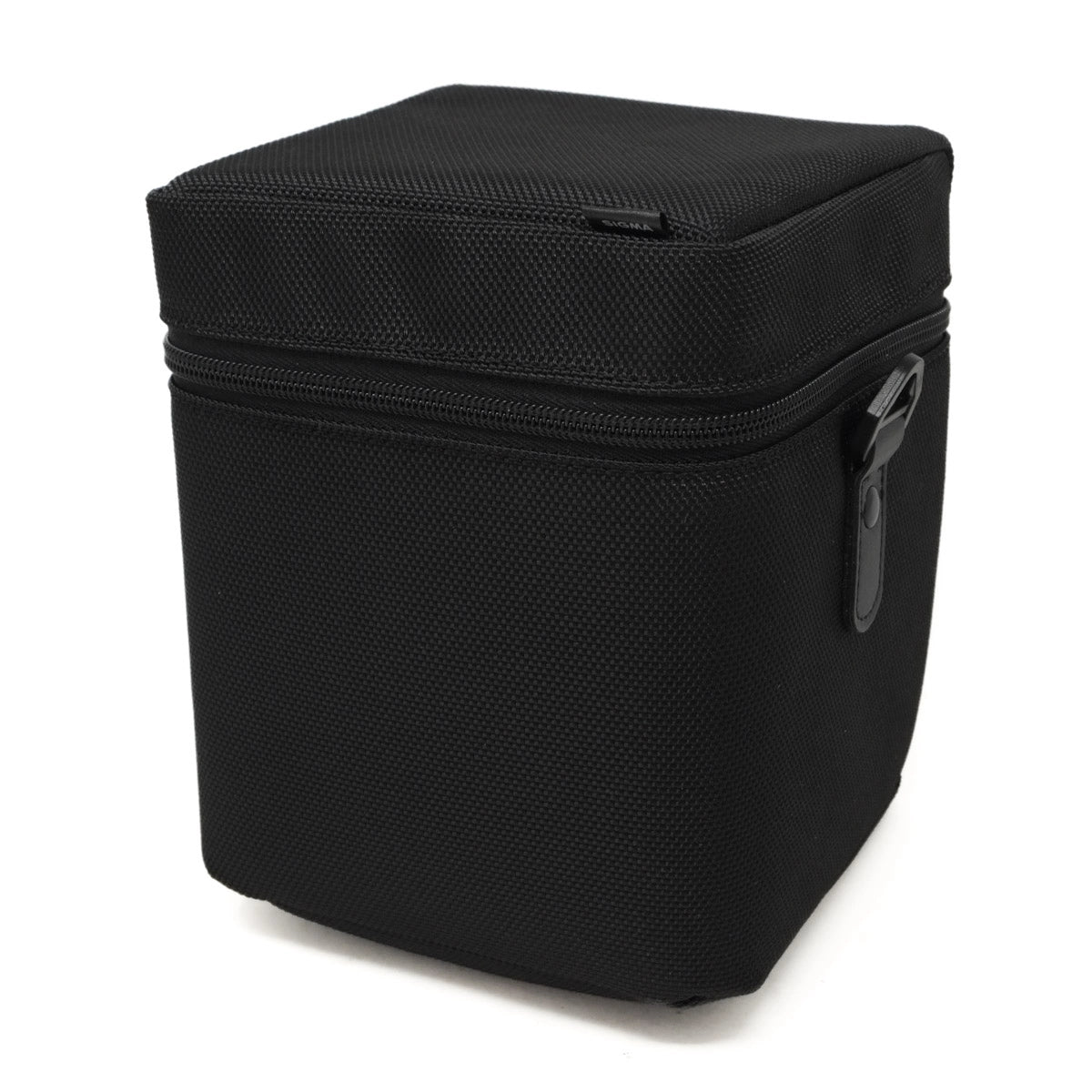 Black rectangular lens bag with a zipper on a white background