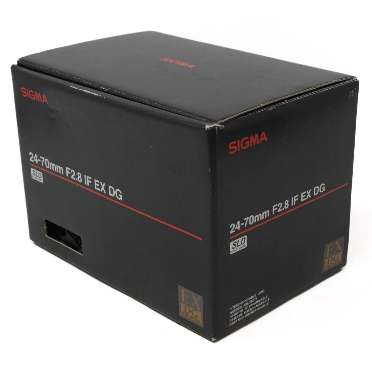 Black box packaging for Sigma camera lens on a white background