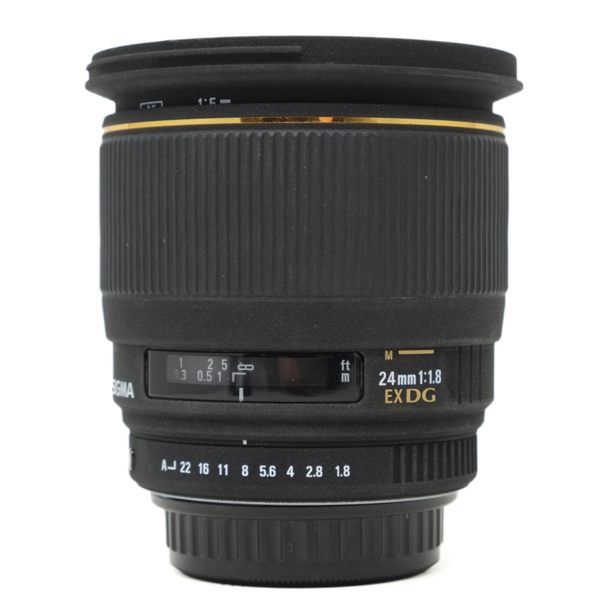 Camera lens with brand name on a white background