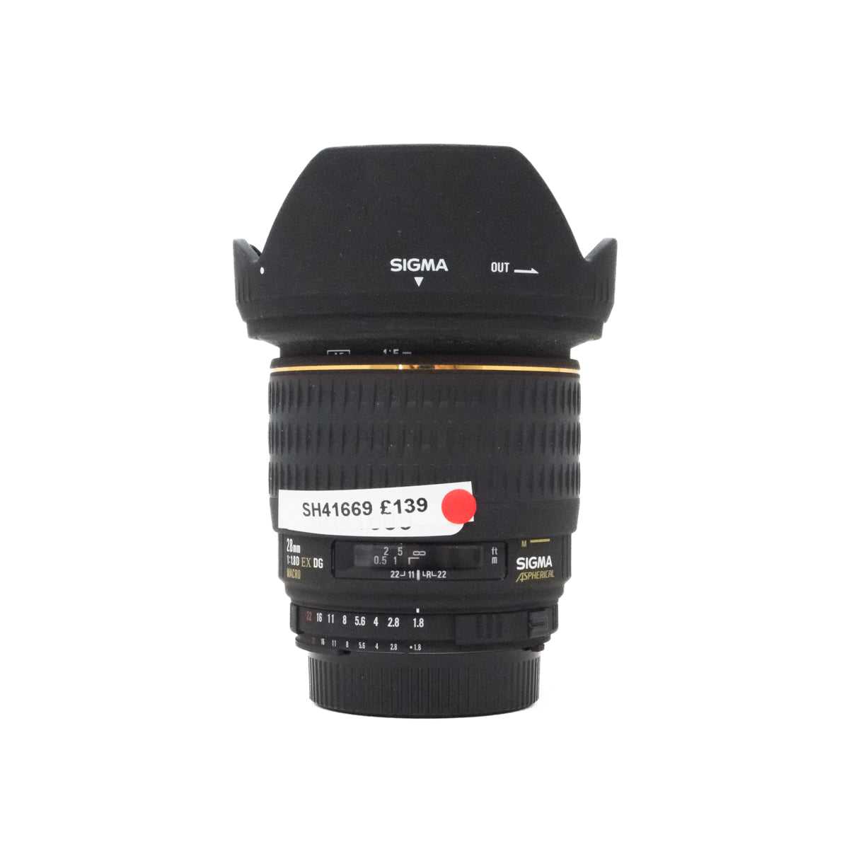 Used Sigma 28mm F1.8D EX DG Prime lens in Nikon fit top angle