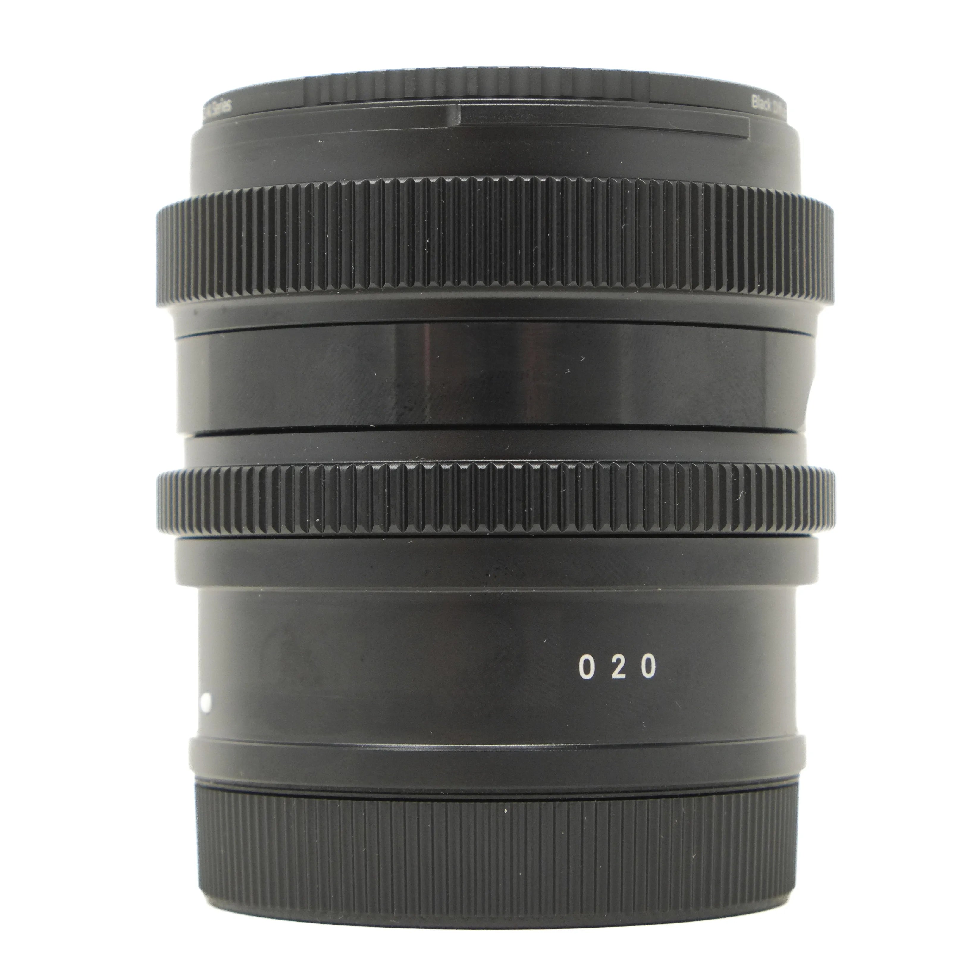 Black camera lens on a white background
