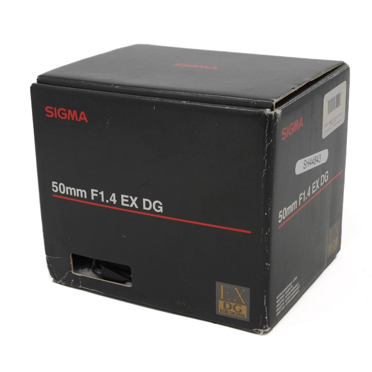 Black box packaging for Sigma 50mm F1.4 EX DG lens on a white background