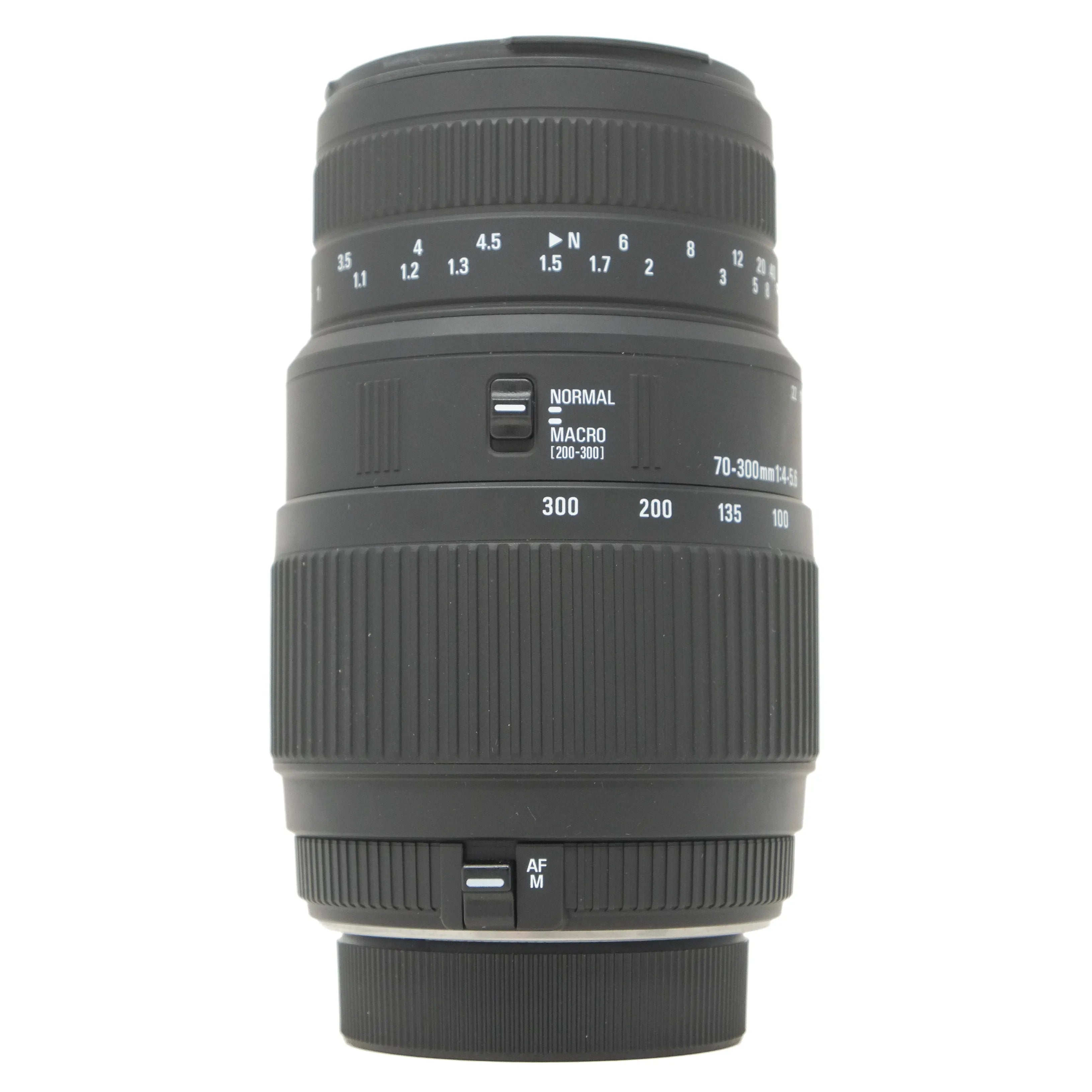 Camera lens with focus and aperture controls on a white background