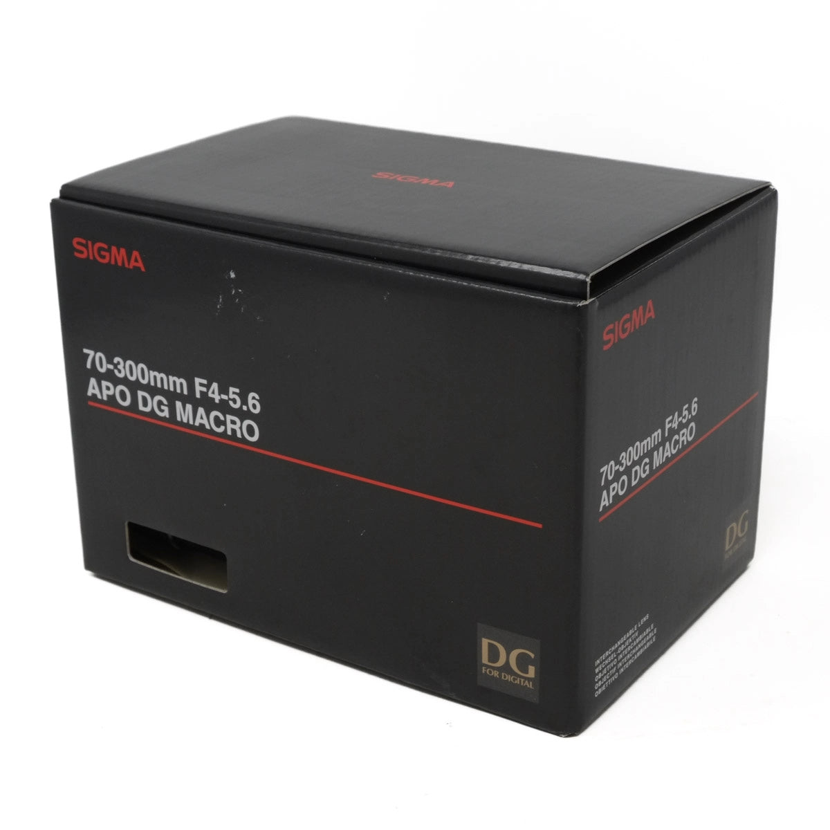 Black box packaging for Sigma camera lens with red and white text on a white background