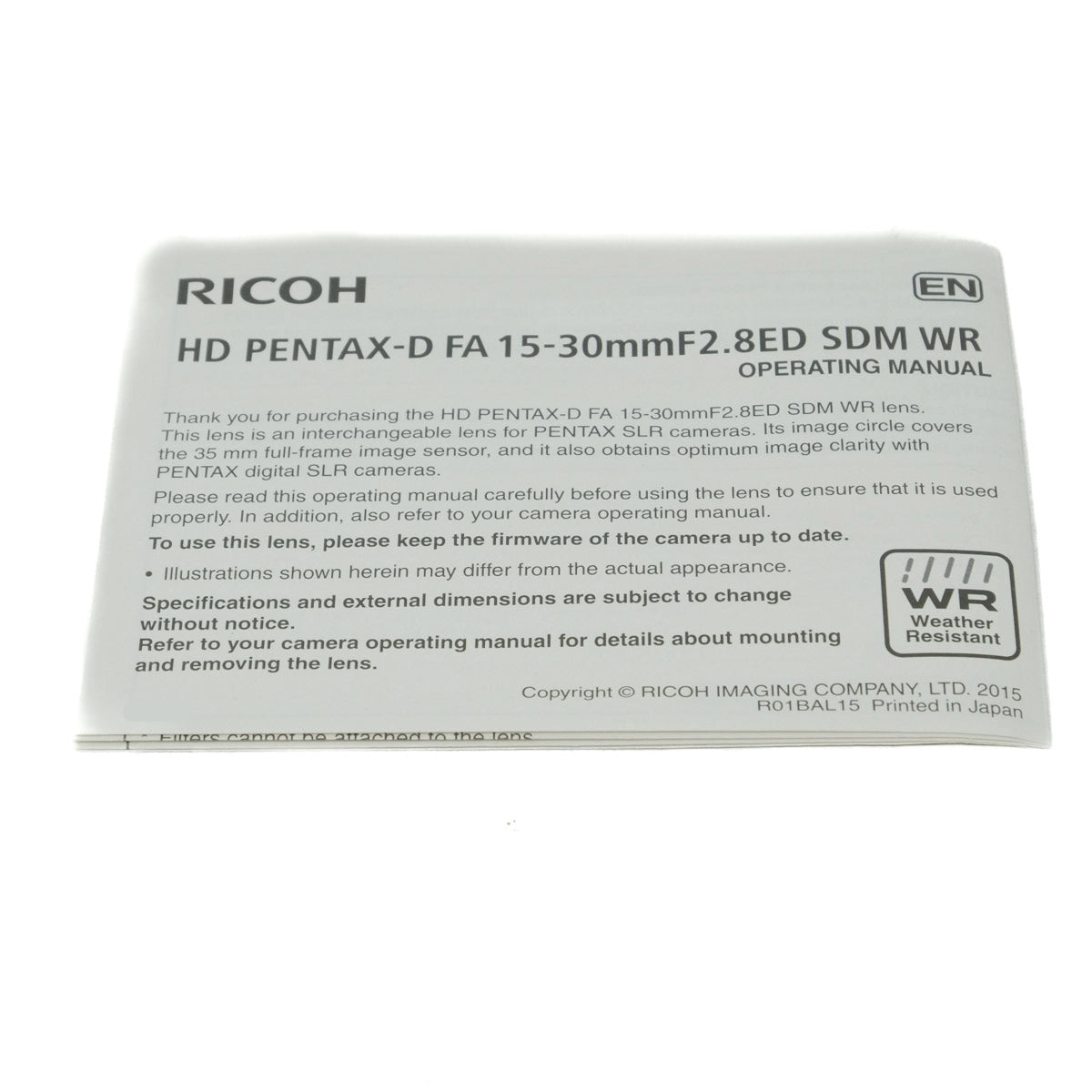 Ricoh Pentax-D FA 15-30mm F2.8ED SDM WR lens operating manual on a white background