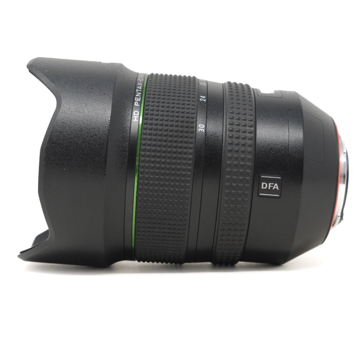 Camera lens with 'DFA' marking on a white background