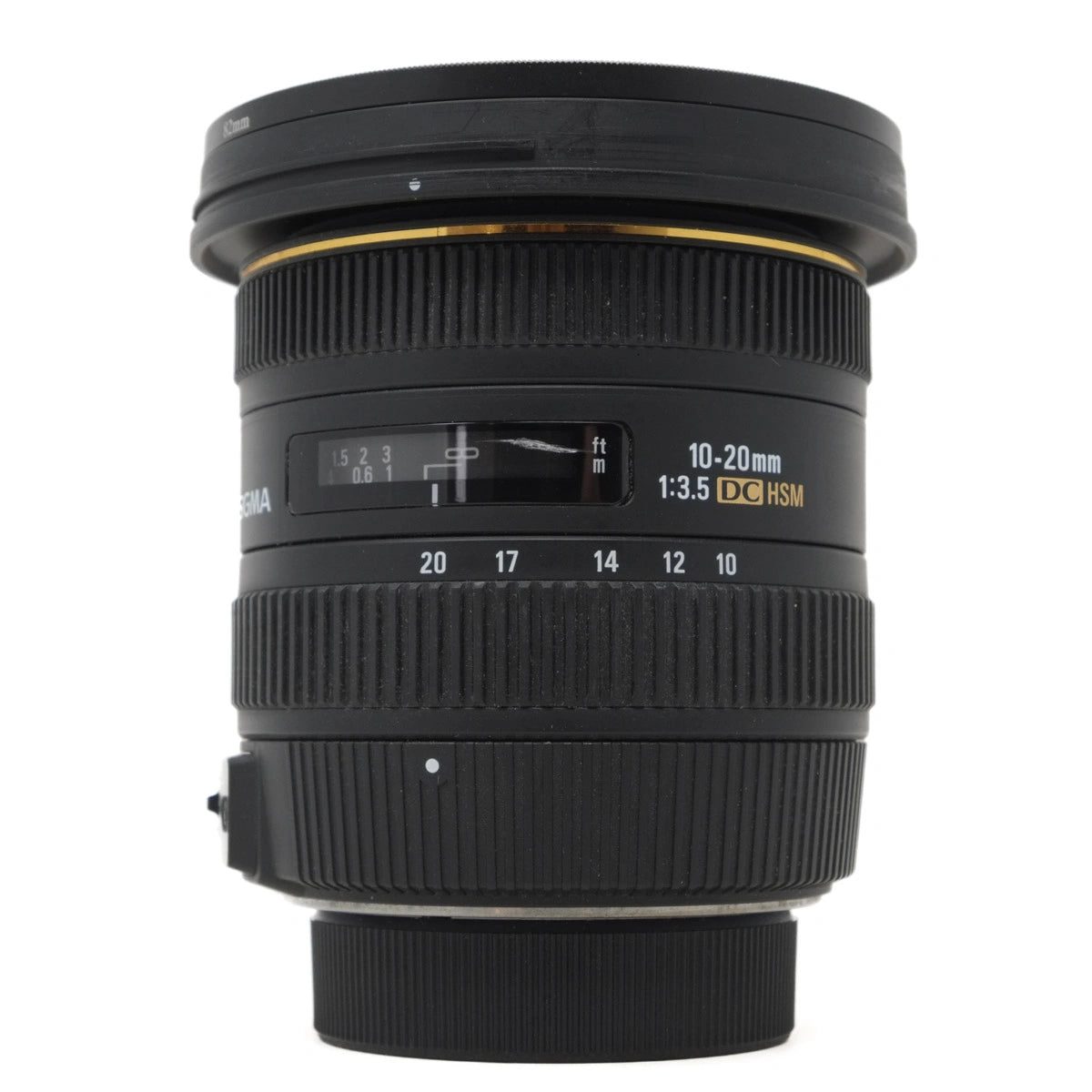 Camera lens with specifications on a white background