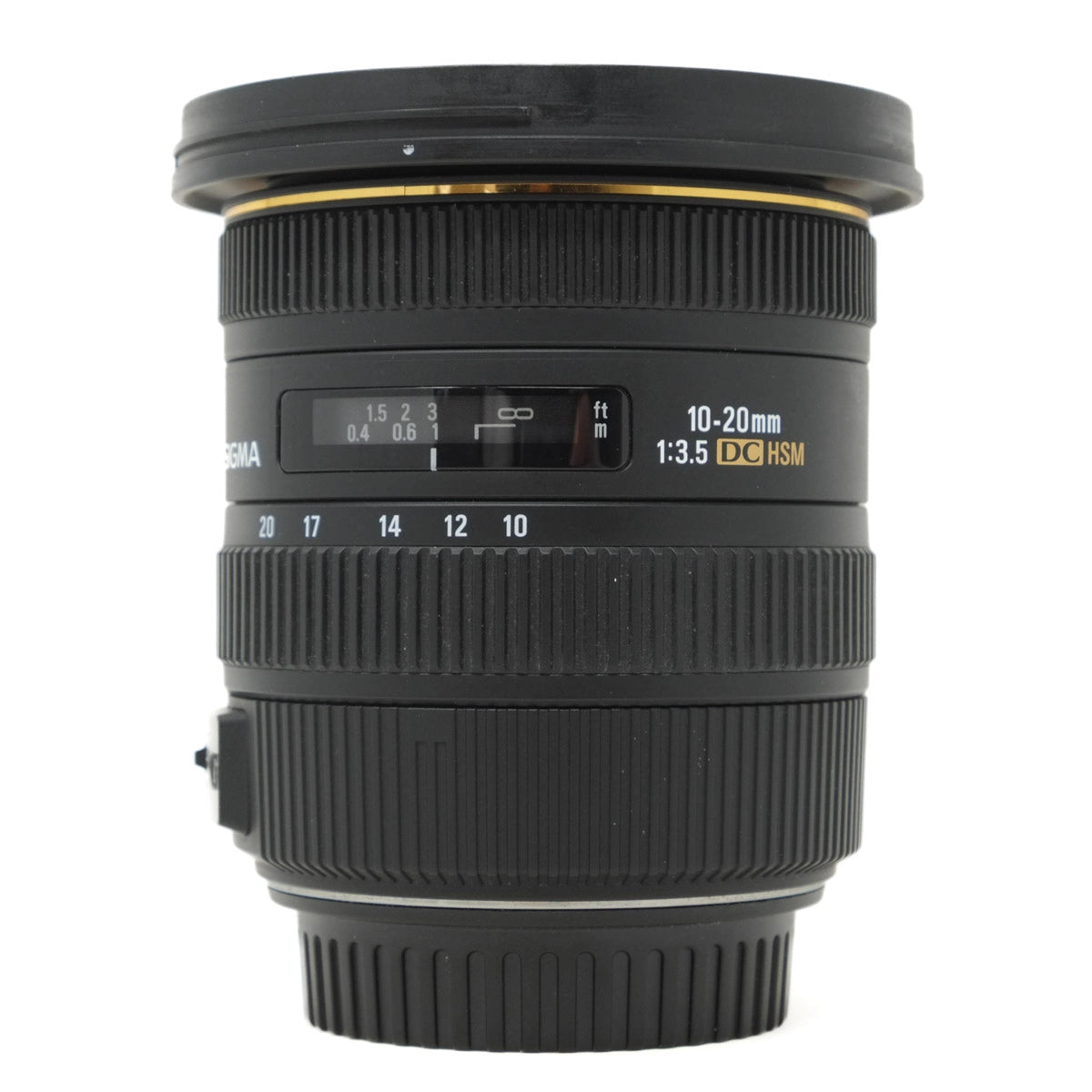 Camera lens with specifications on a white background