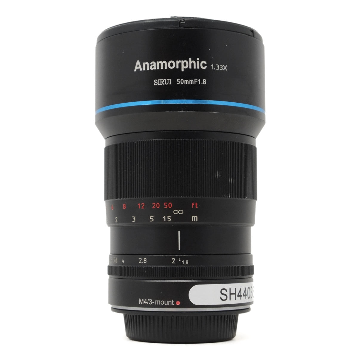 Anamorphic camera lens with branding and specifications on a white background