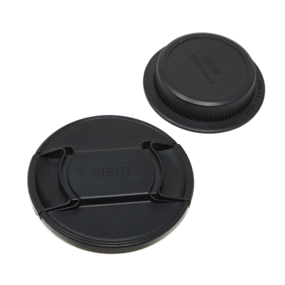 Two black camera lens caps with 'SIRUI' branding on a white background