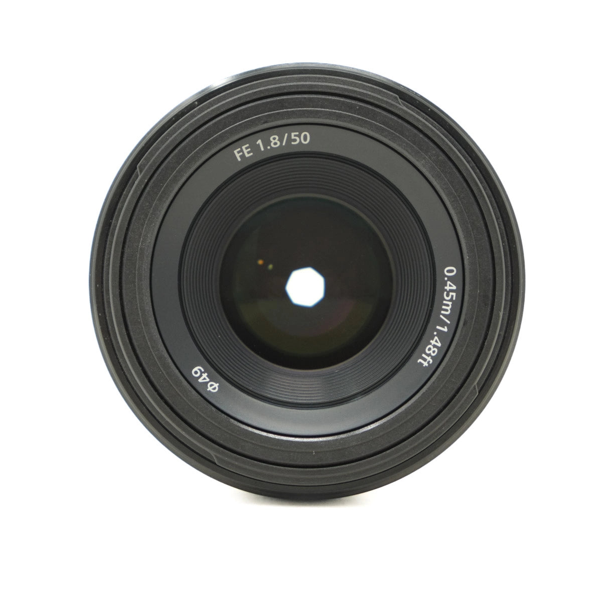 Camera lens with specifications on a white background