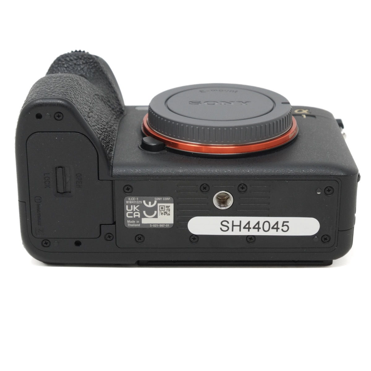 Bottom view of a Sony camera body with model number SH44045 on a white background