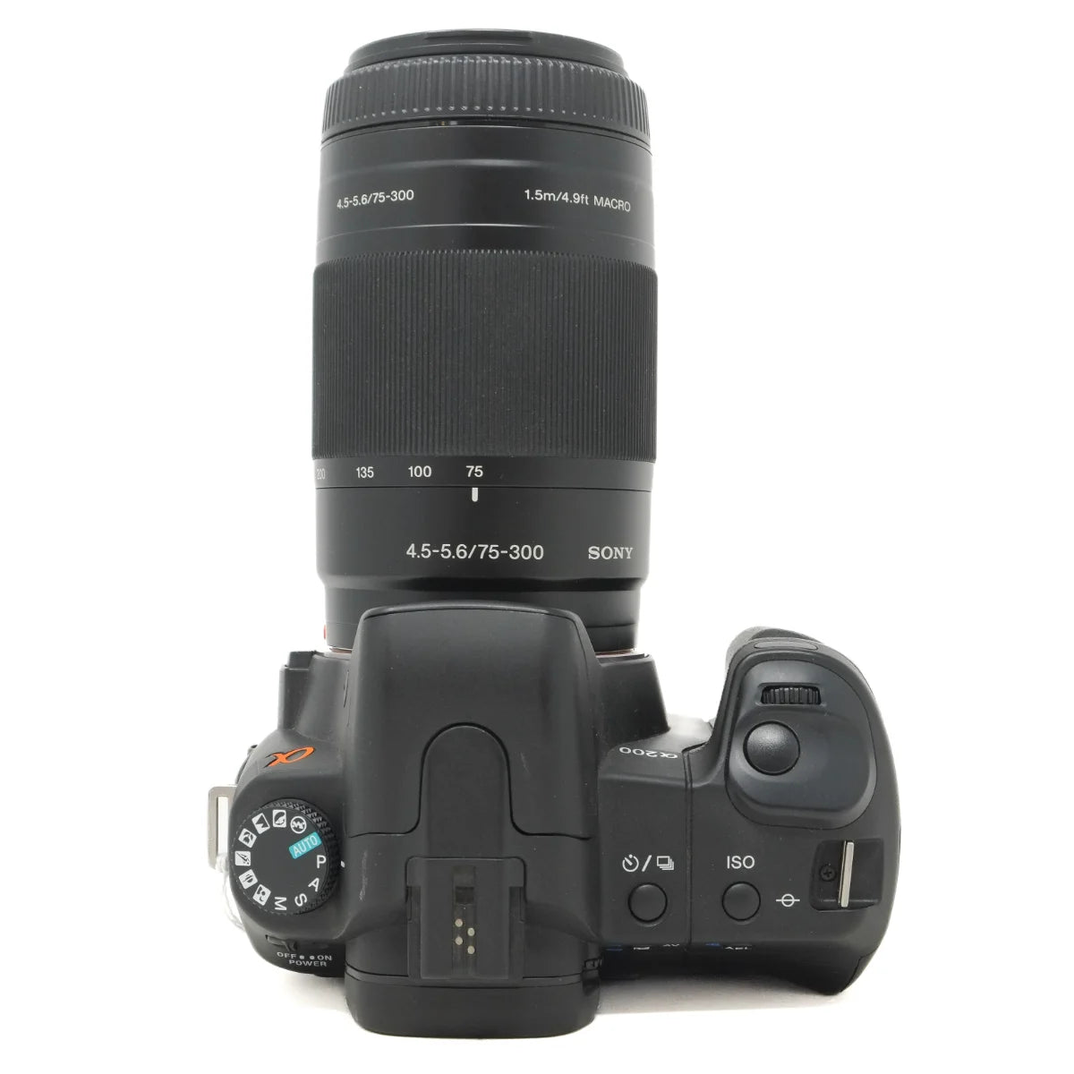 Used Sony A200 DSLR + Sony 75-300mm F4.5-5.6 lens - top angle 