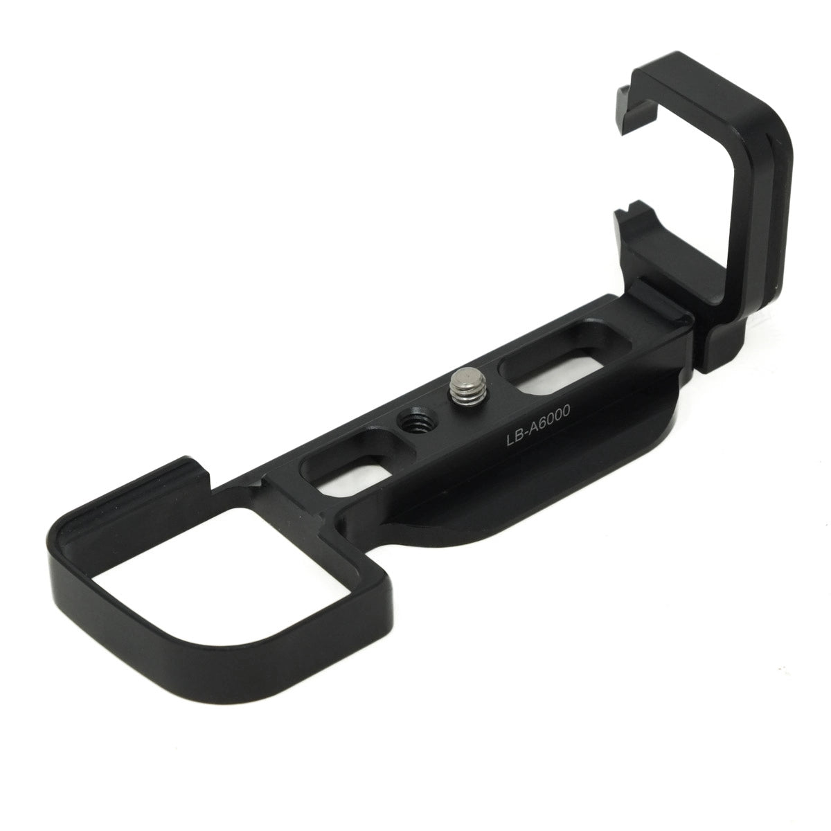 Black camera accessory on a white background