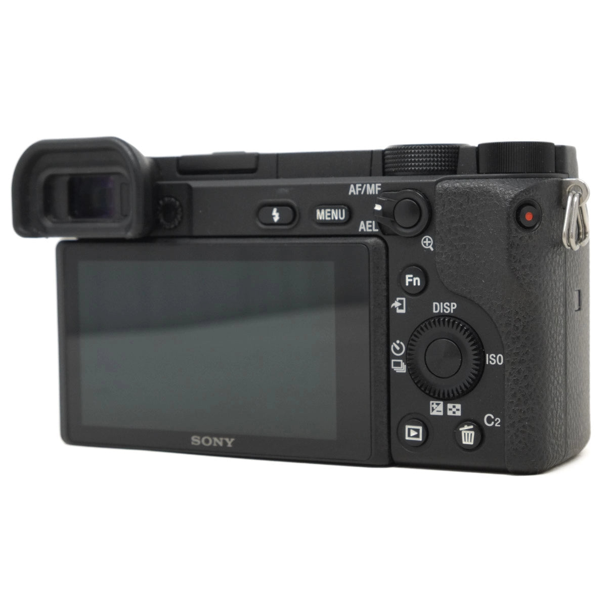 Back view of a black Sony camera on a white background