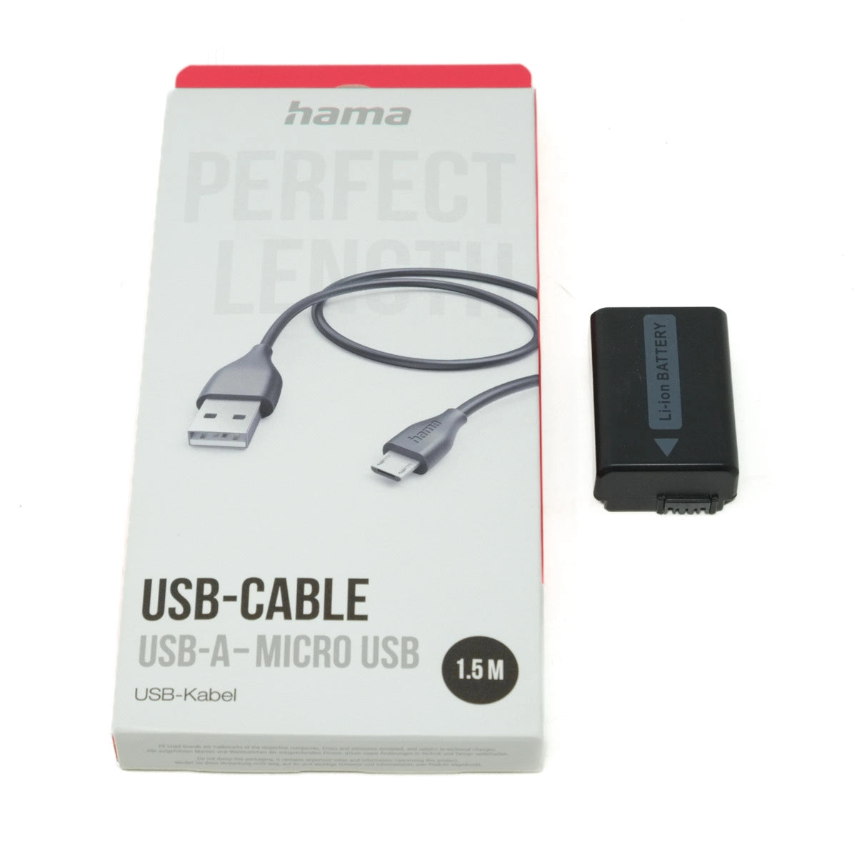 USB cable packaging with a battery and cable on a white background