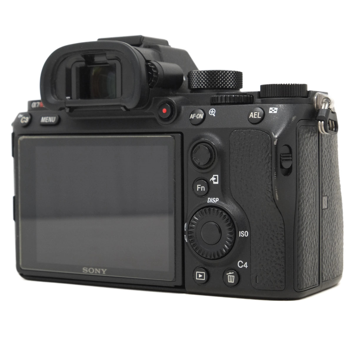 Back view of a black Sony camera on a white background