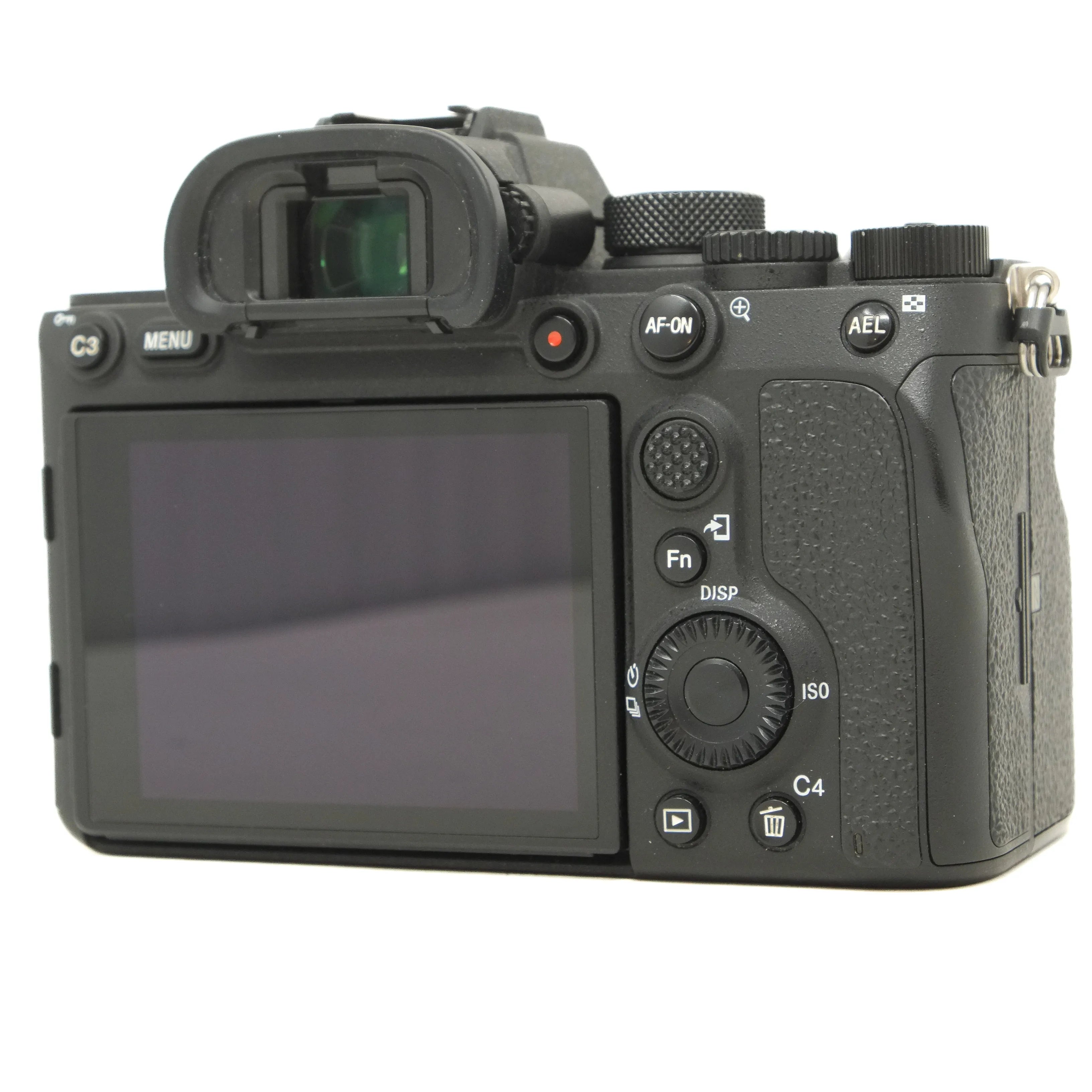 Back view of a black camera with control buttons on a white background