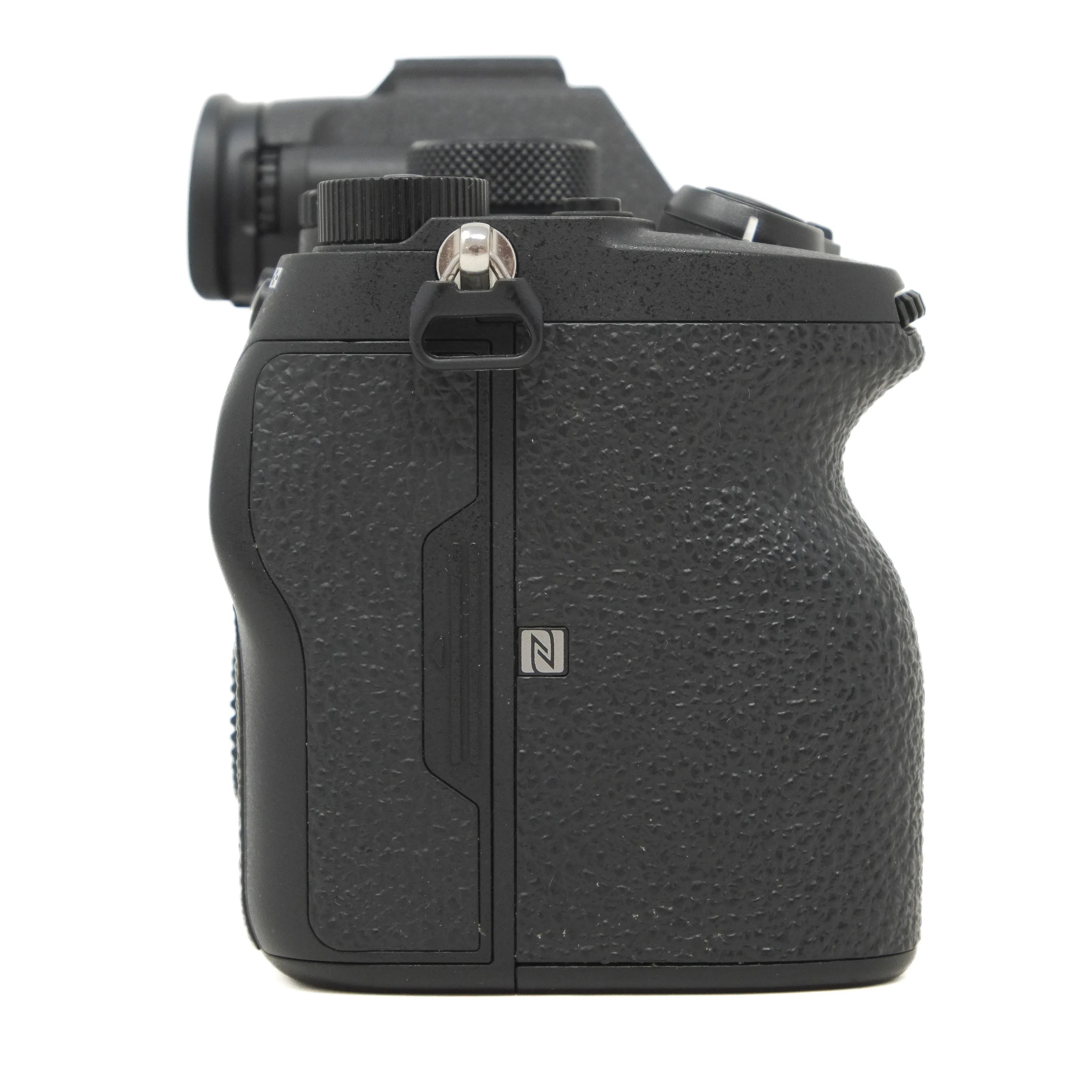 Black camera body on a white background