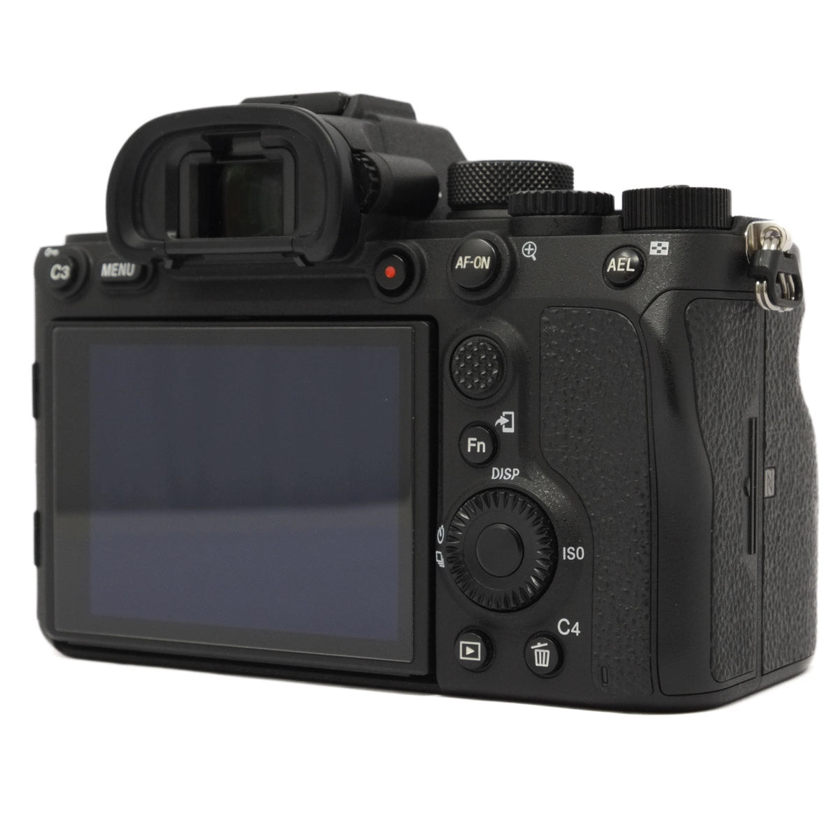 Black camera body with control buttons on a white background