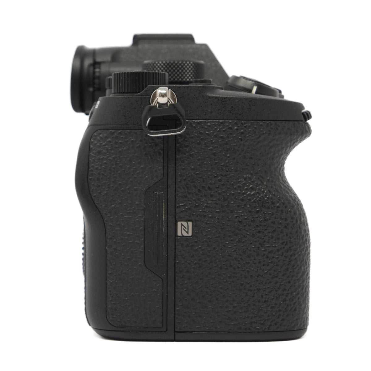 Black camera body on a white background