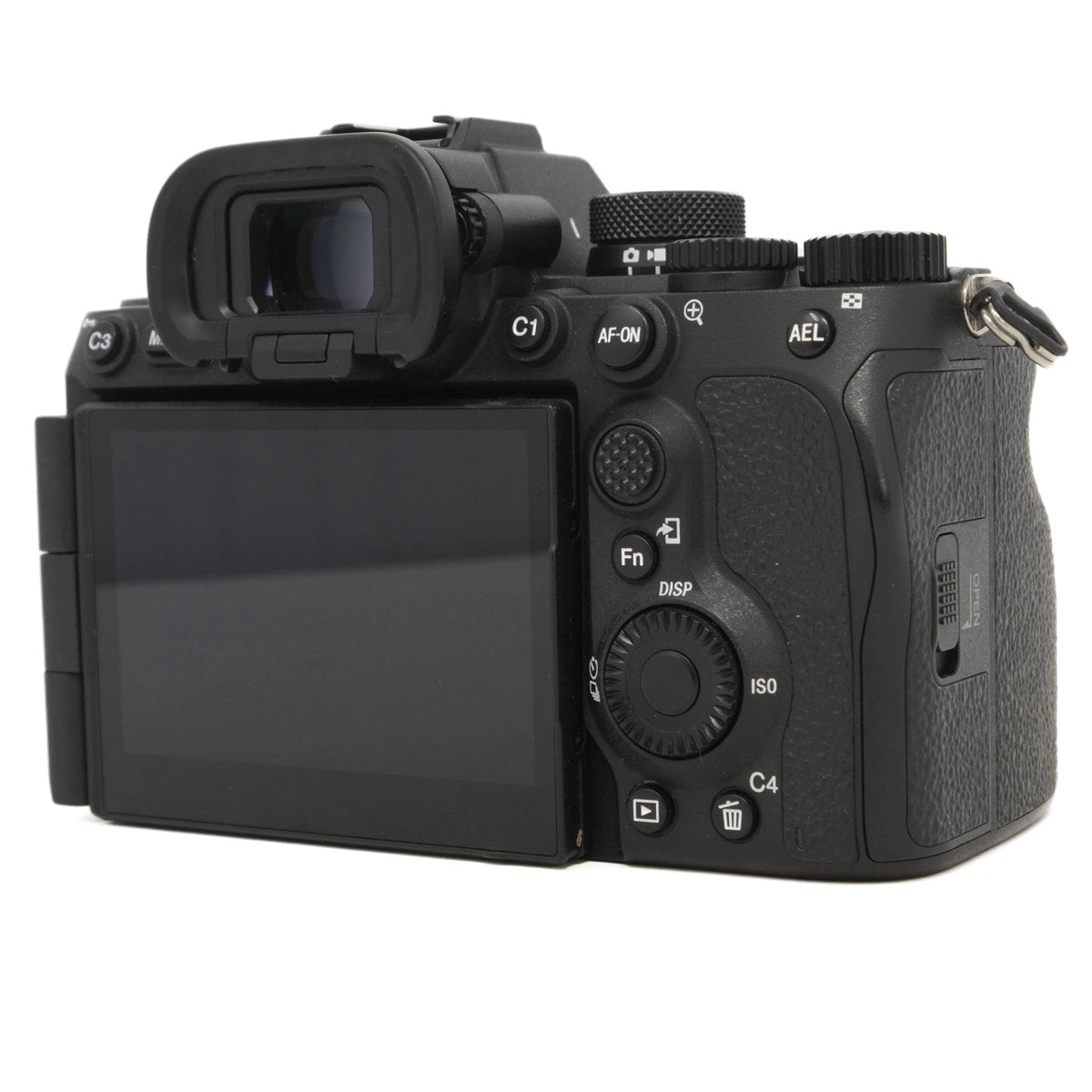 Black camera body with control dials on a white background