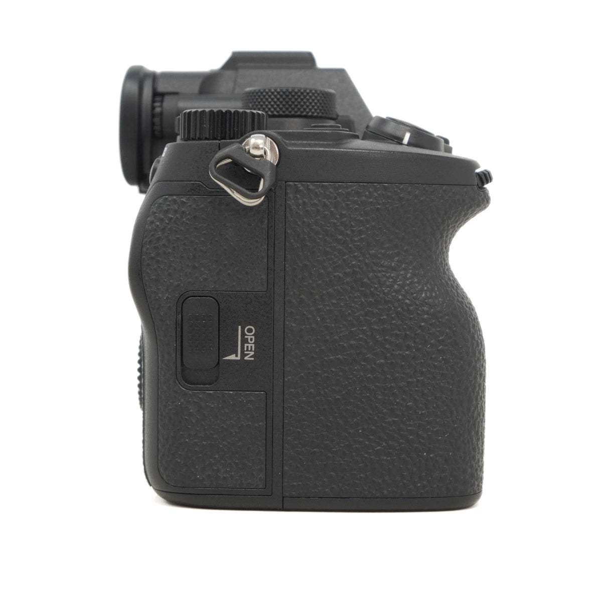 Black camera body on a white background