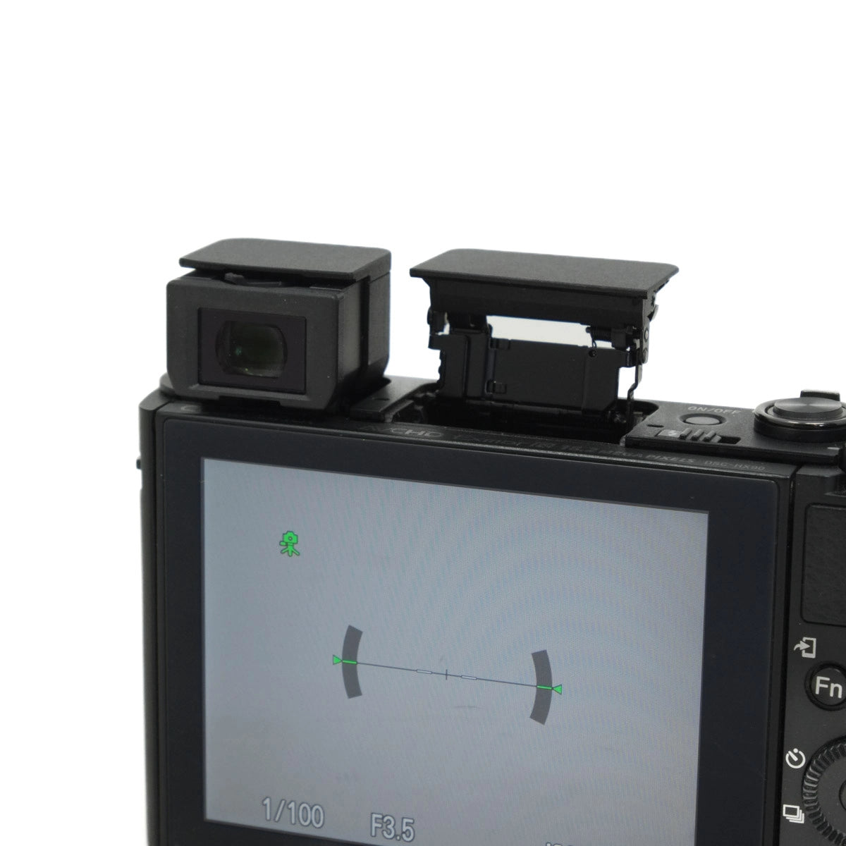 Camera screen with viewfinder and flash attachment on a white background