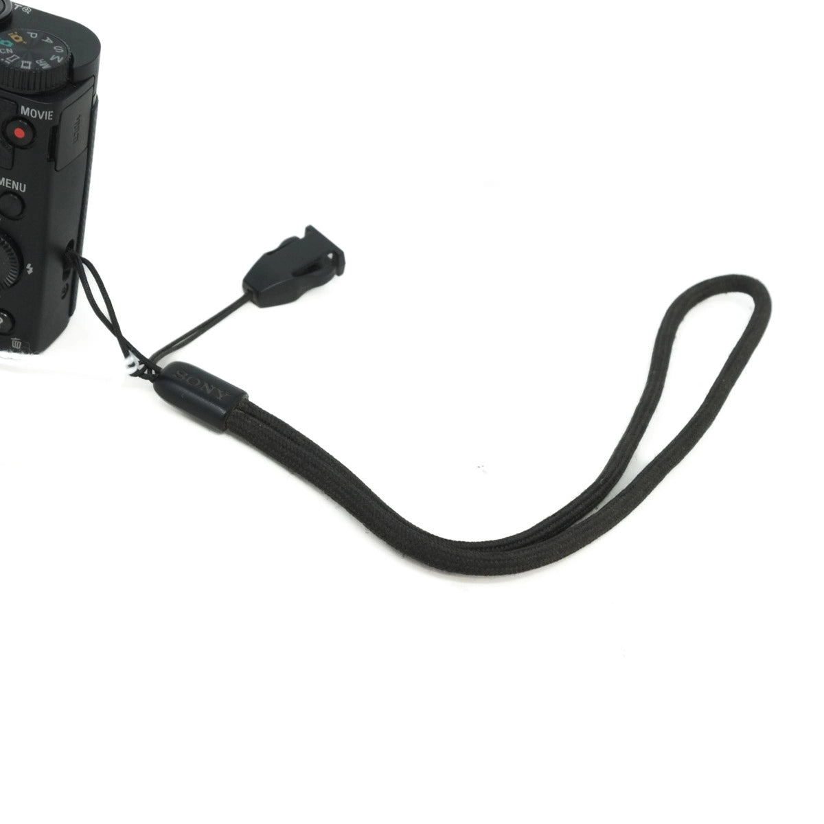 Black camera wrist strap on a white background