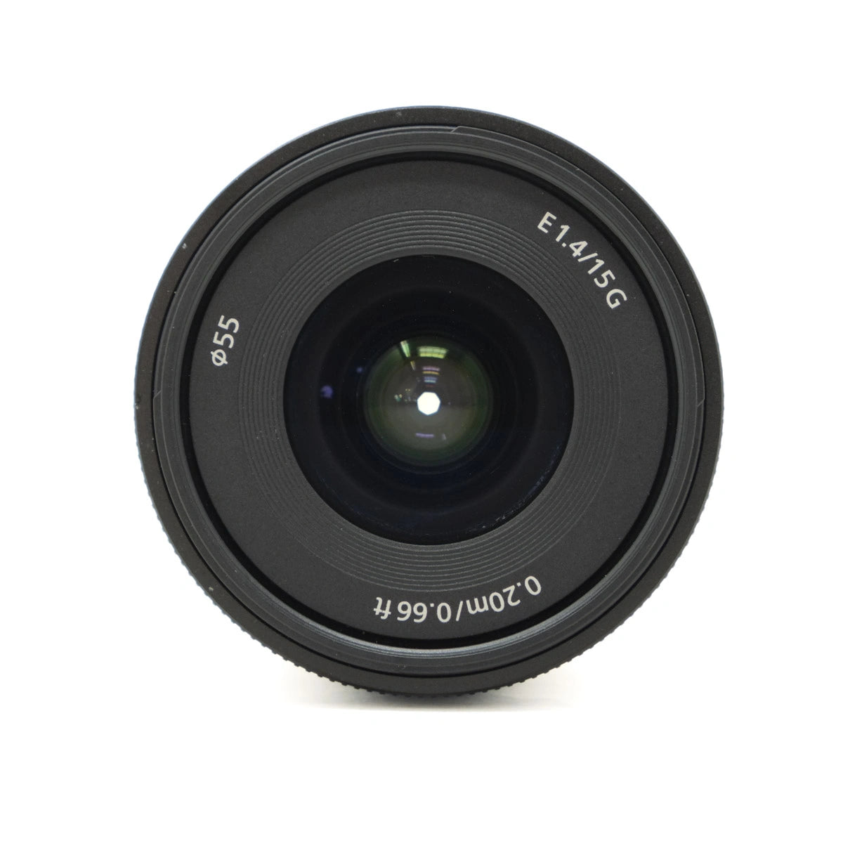 Camera lens with specifications on a white background