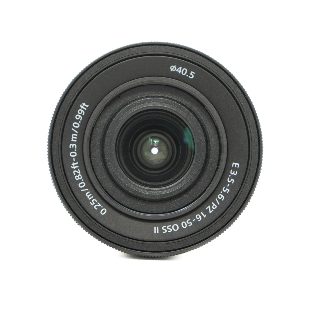 Camera lens with specifications on a white background