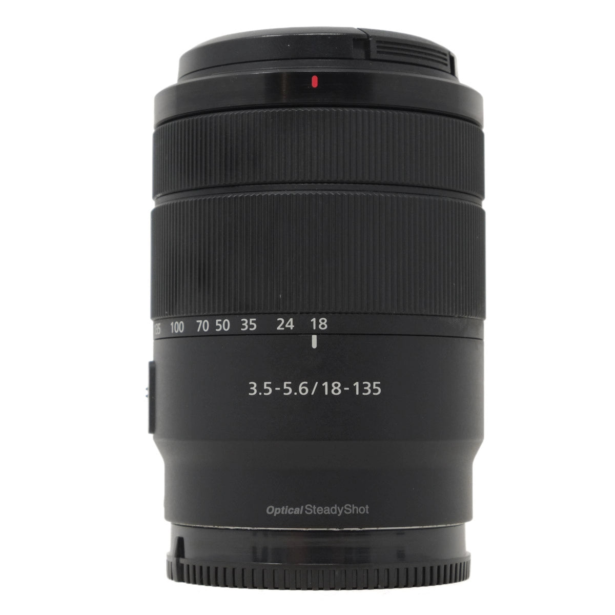 Camera lens with focus scale and specifications on a white background