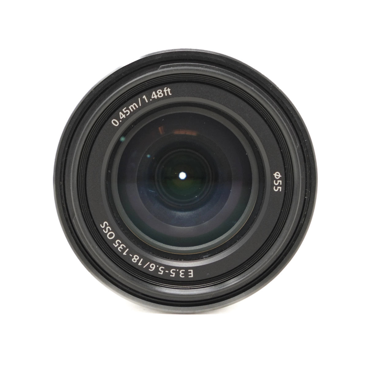 Camera lens with specifications on a white background
