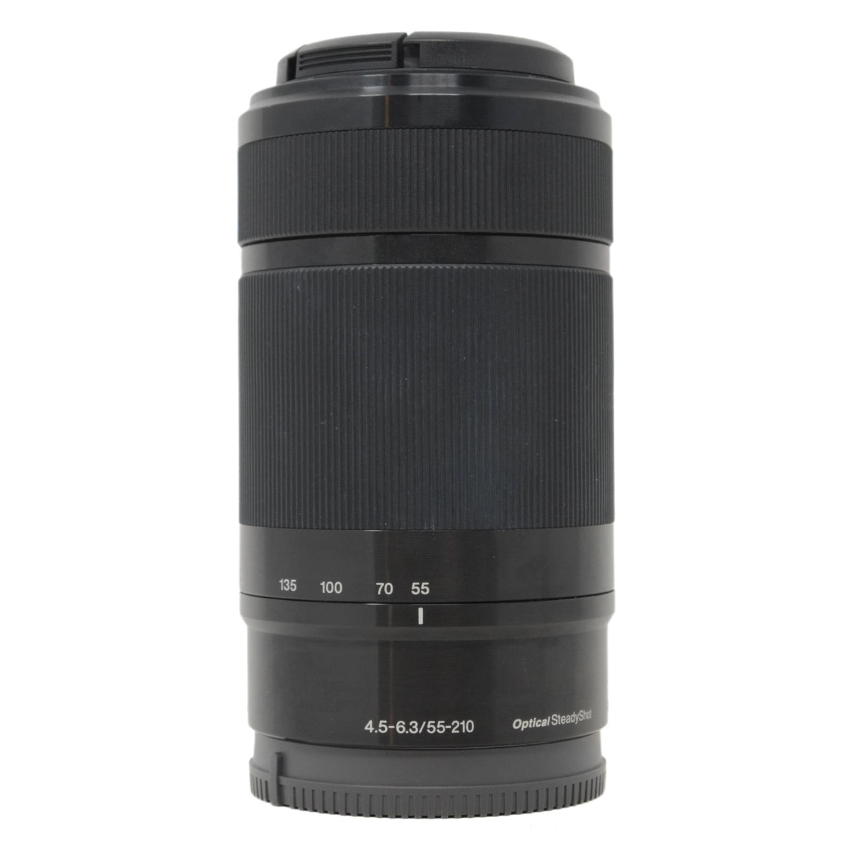Black camera lens on a white background