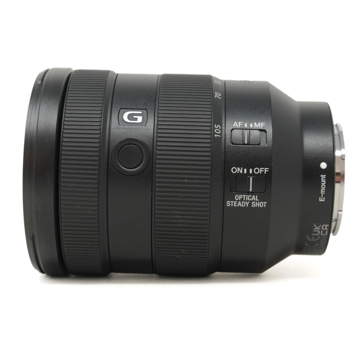 Camera lens with brand logo on a white background