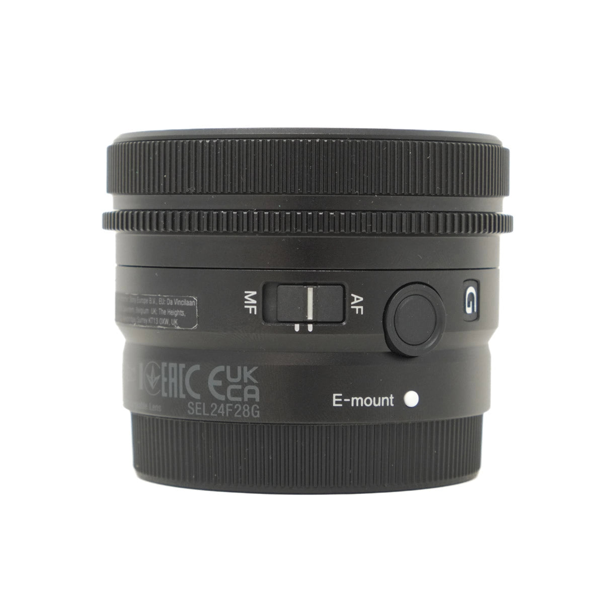 Camera lens with branding and technical specifications on a white background