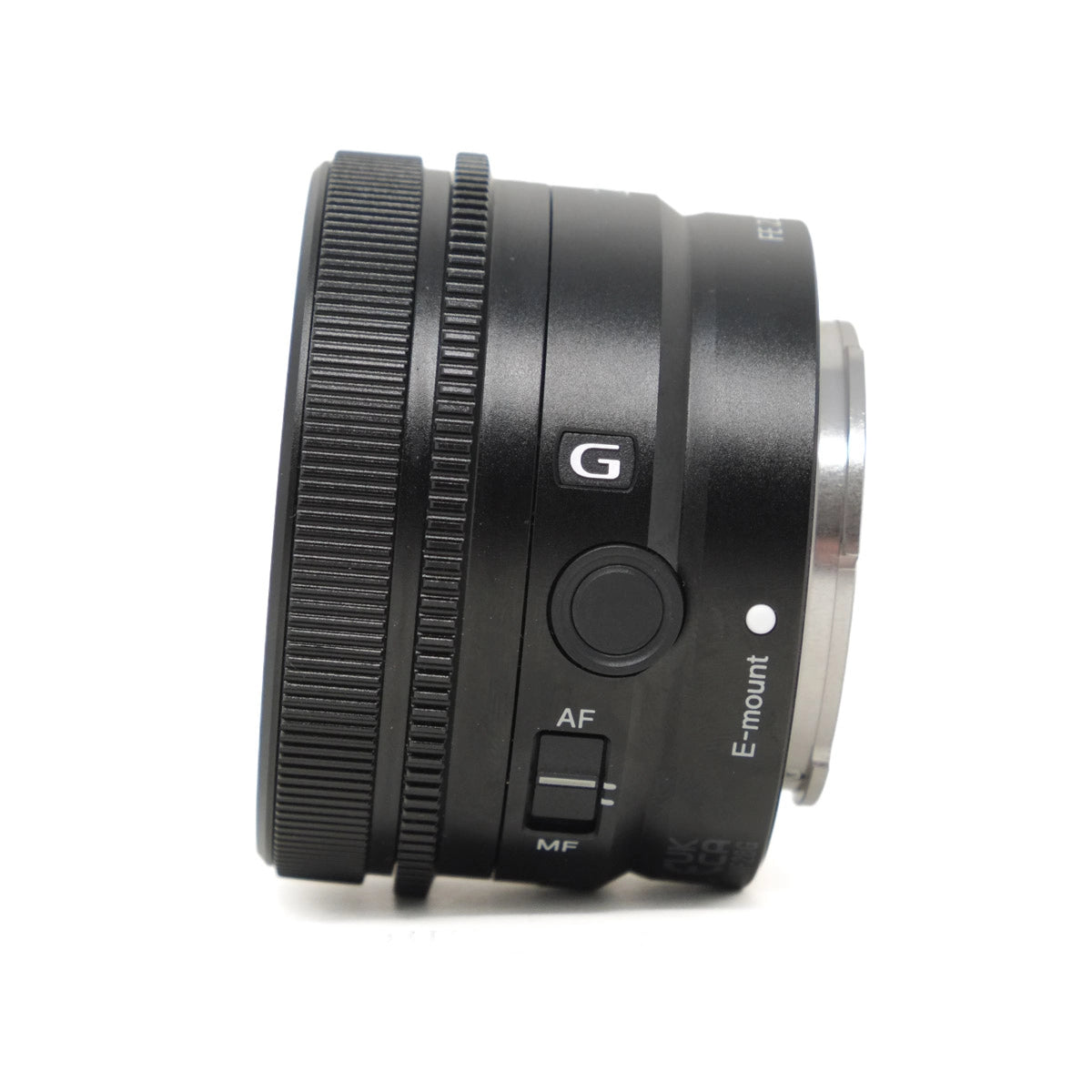 Camera lens with 'G' and 'E-mount' branding on a white background