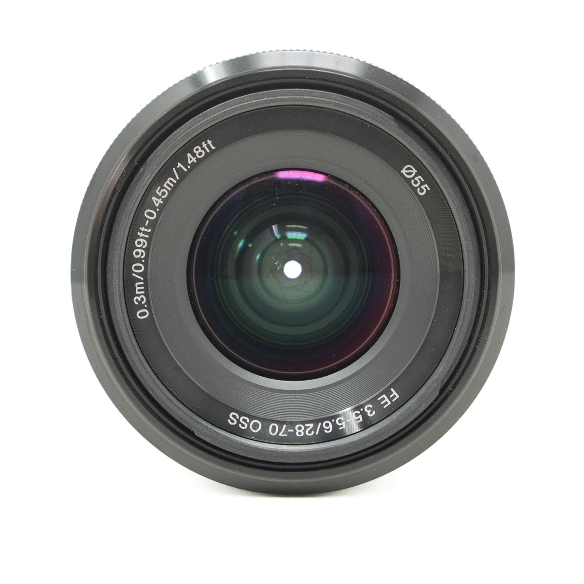 Camera lens with specifications on a white background
