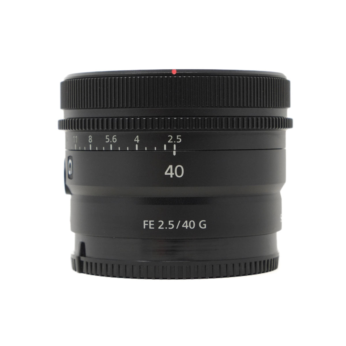 Black camera lens with specifications on a white background