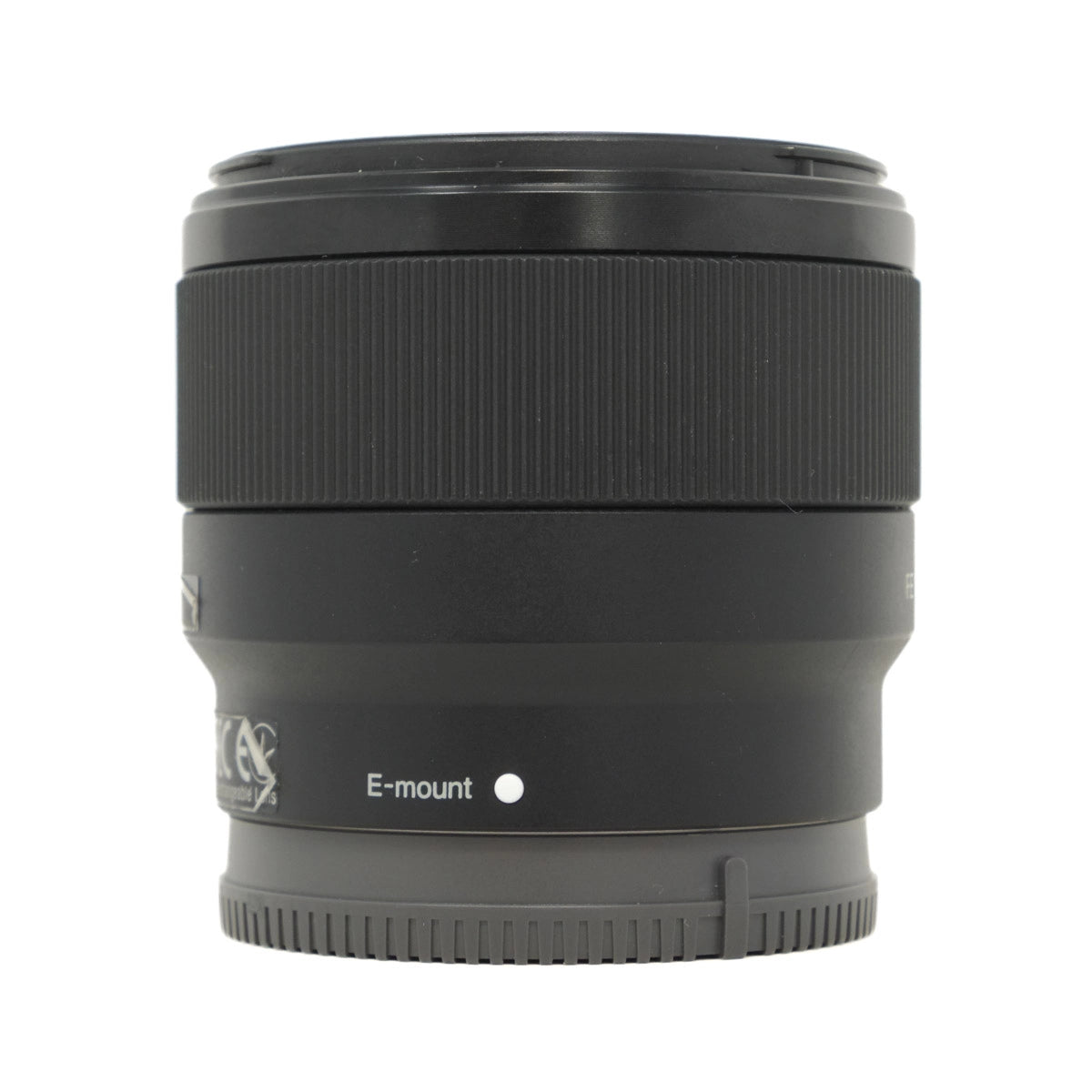Black camera lens with 'E-mount' marking on a white background