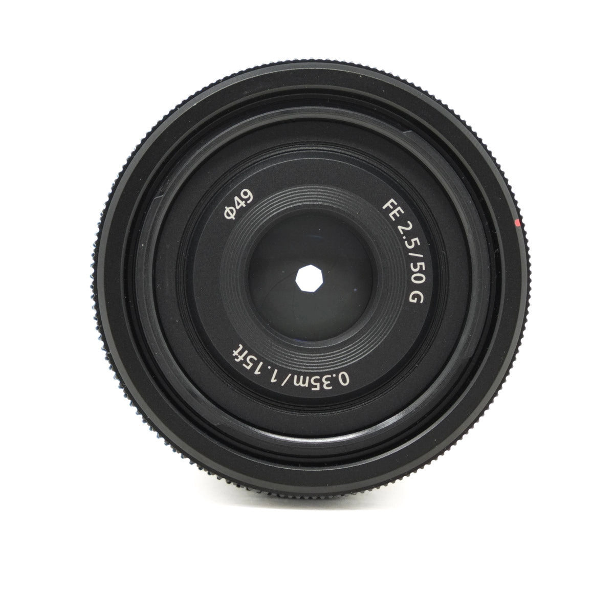 Camera lens with technical specifications on a white background
