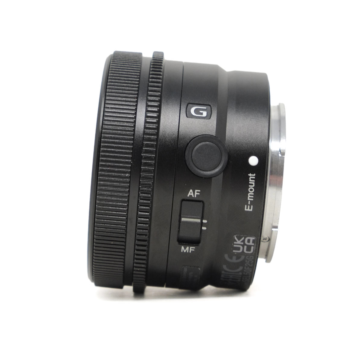 Camera lens with branding on a white background