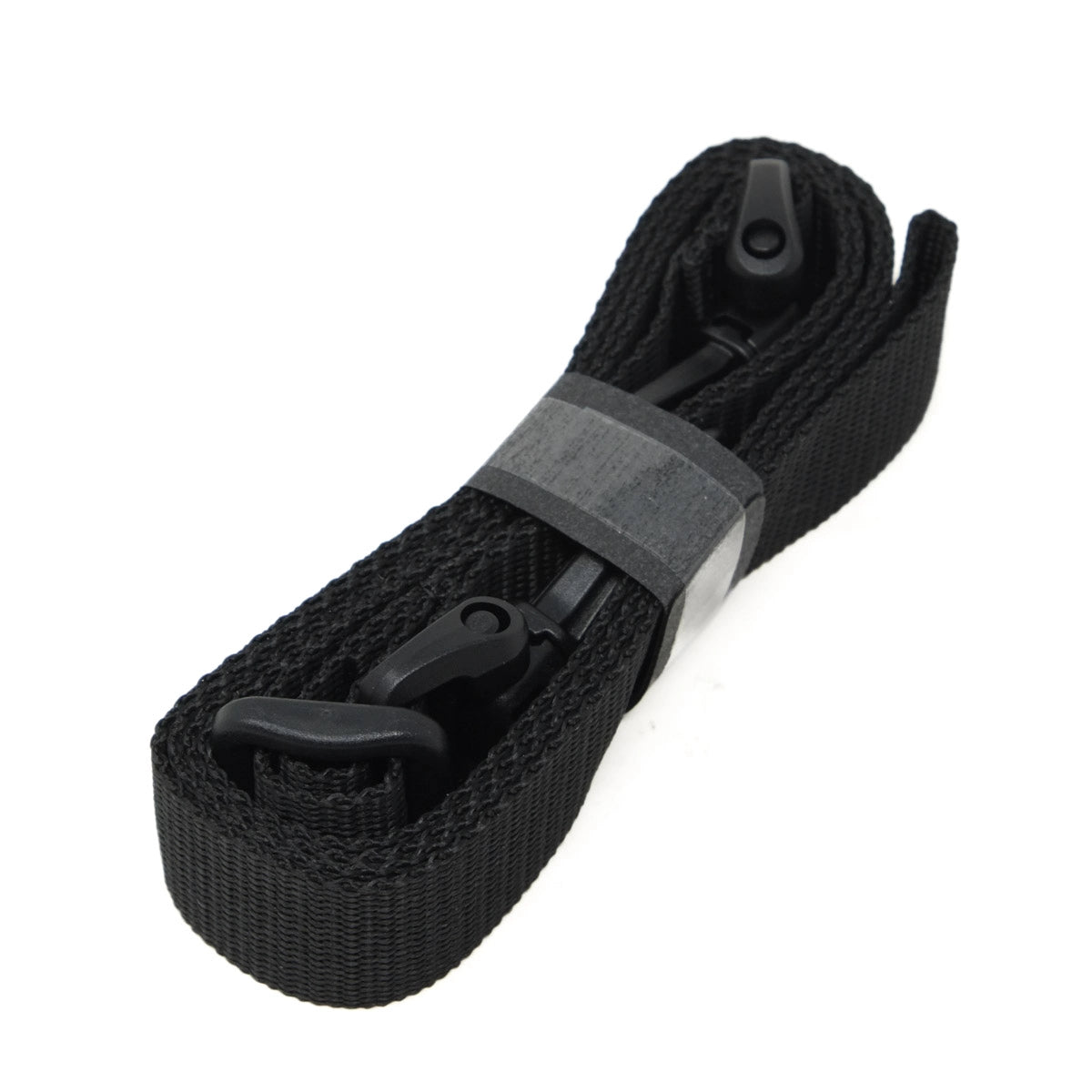 Black strap with plastic buckles on a white background